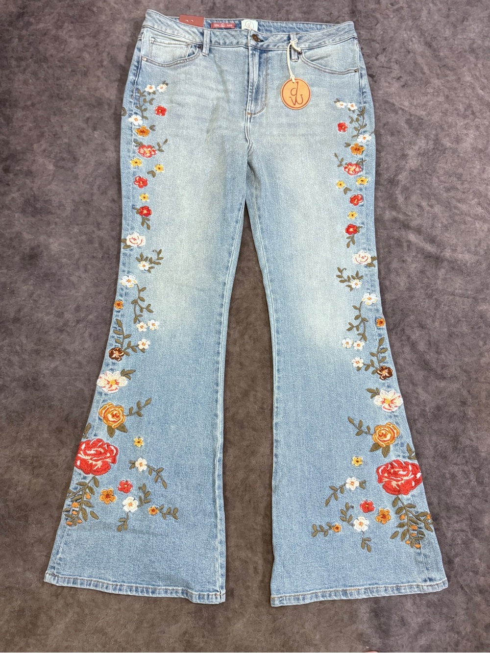 DRIFTWOOD Light Blue Denim Flare Jeans with Floral Embroidery